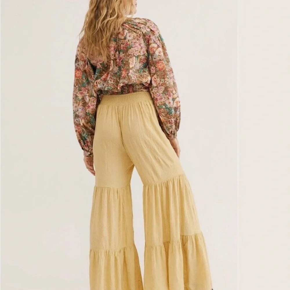 Free People Embroidered Tiered Boho high rise pants, yellow, hard to find LARGE - Picture 5 of 8